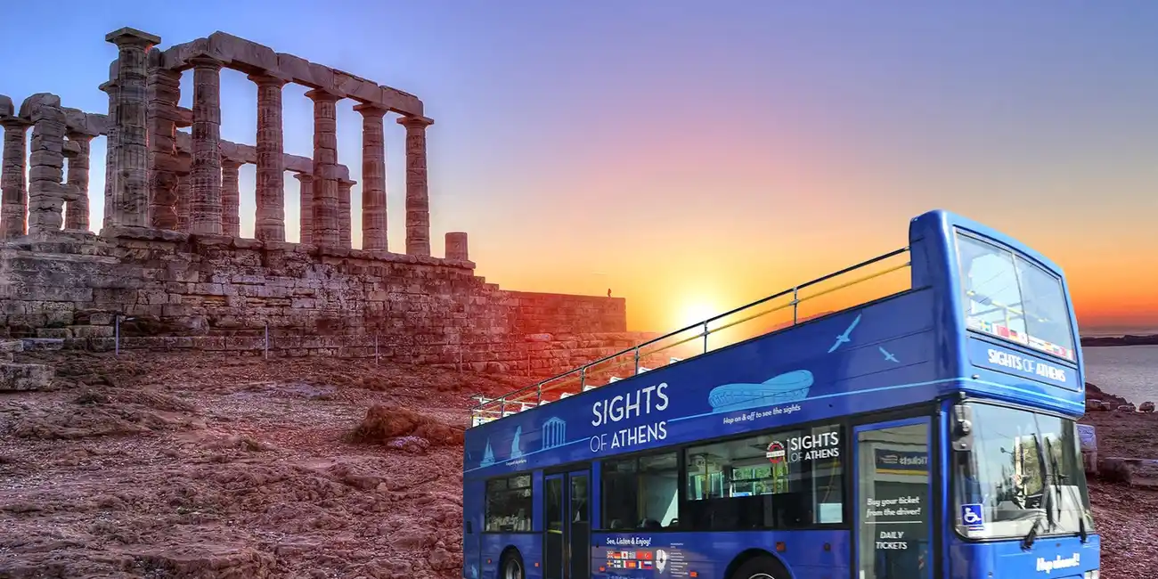 Watch the sunset in Cape Sounion and enjoy a 48 hour Hop-on Hop-off bus ticket. Hop-on Hop-off Bus Tours Ticket Athens, Greece.